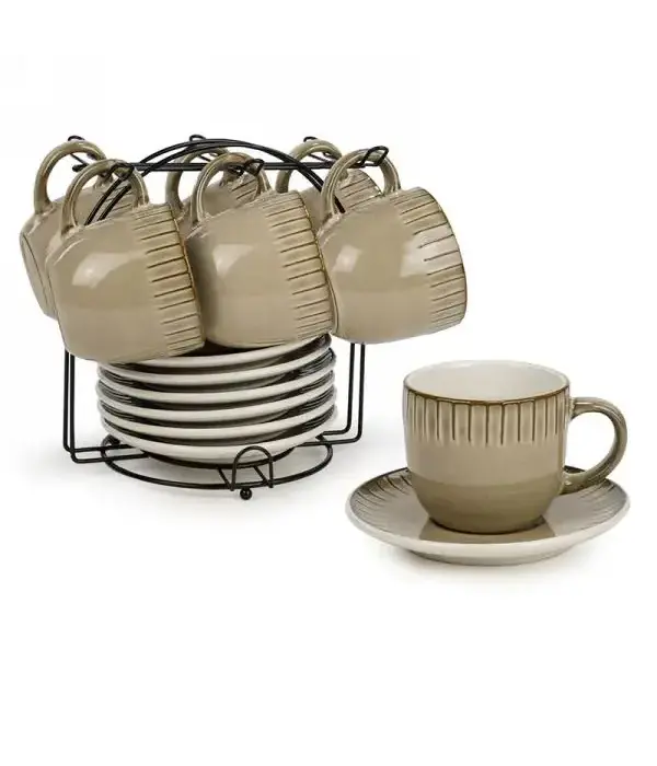 Set of Stand and 6 Cups with Saucers, Beige