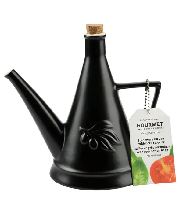 Ceramic Stoneware Oil Cruet with Cork Stopper, Matte Black