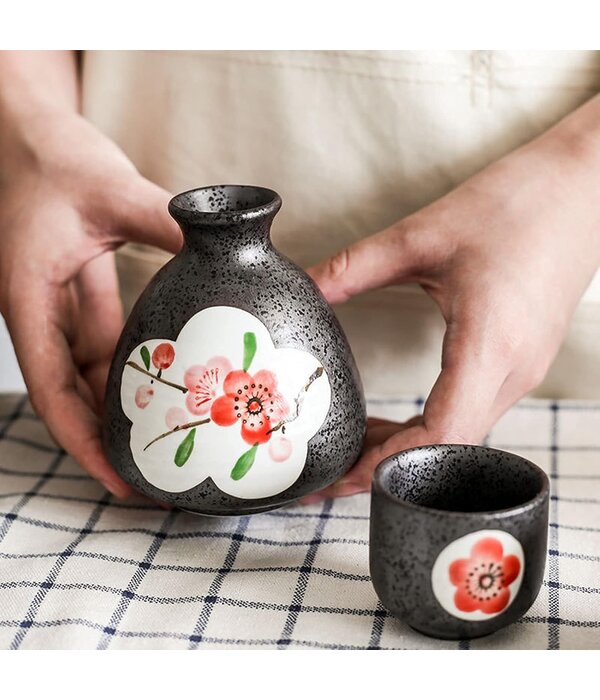 Red Plum Ceramics Sake Set, 3 Pieces