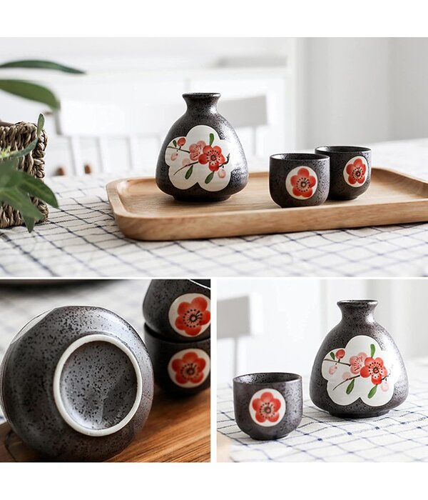 Red Plum Ceramics Sake Set, 3 Pieces