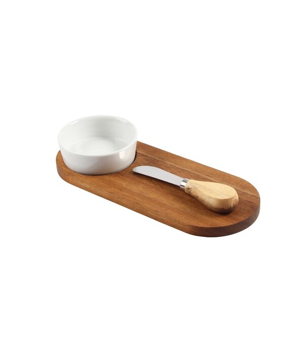 Acacia Serving Board with Butter Knife and White Bowl