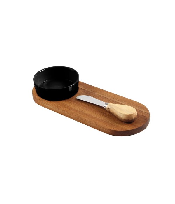 Planche à Servir en Acacia avec Bol Noir et Couteau à Beurre