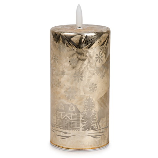 Chandelle dorée maison enneigée 6", sans flamme