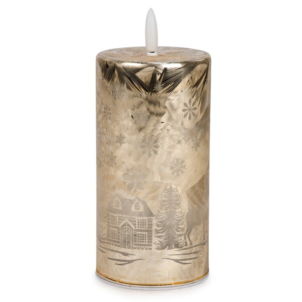 Chandelle dorée maison enneigée 6", sans flamme