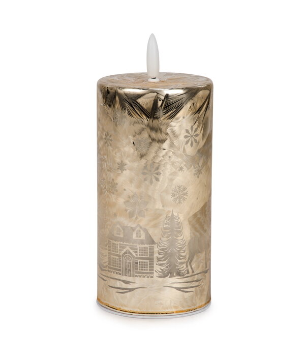 Chandelle dorée maison enneigée 6", sans flamme