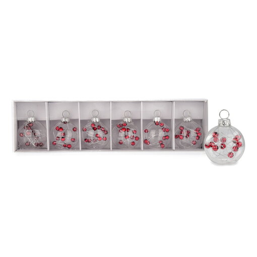 Marque-places boule de Noël transparente avec boules rouges, ens/6