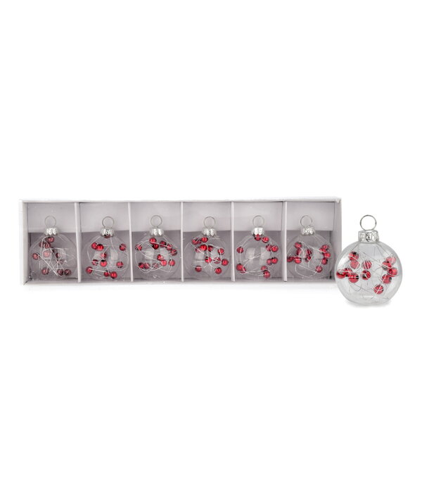 Marque-places boule de Noël transparente avec boules rouges, ens/6