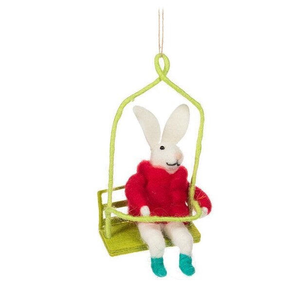 Winter Bunny on Chairlift Ornament 6"