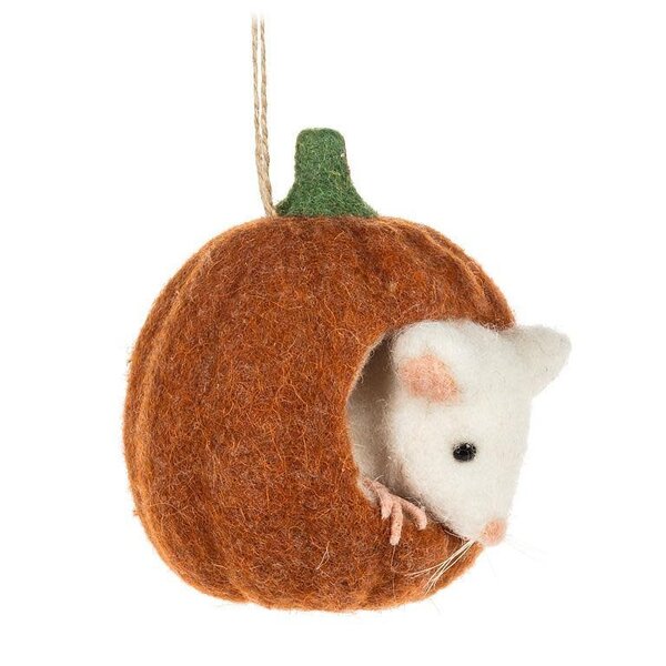 Mouse in a Small Pumpkin Ornament 4"