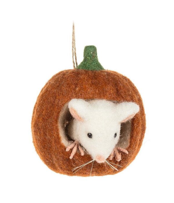 Mouse in a Small Pumpkin Ornament 4"