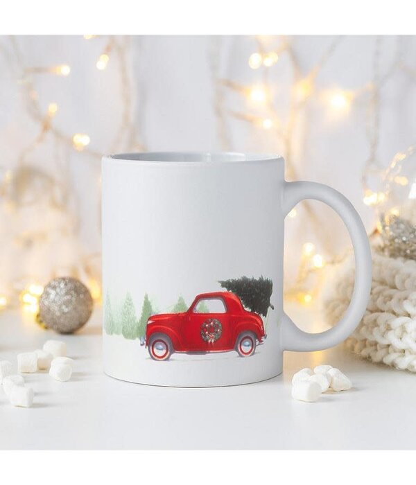 Tasse en grès Voiture rouge avec sapin 18oz