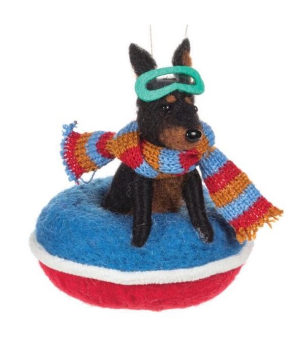 Dog Ornament Sliding on a Snow Tube 4.5"