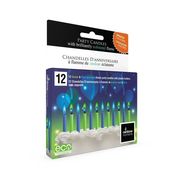 RAINBOW MOMENTS BLUE/GREEN COLORED FLAME BIRTHDAY CANDLES (12 PACK)