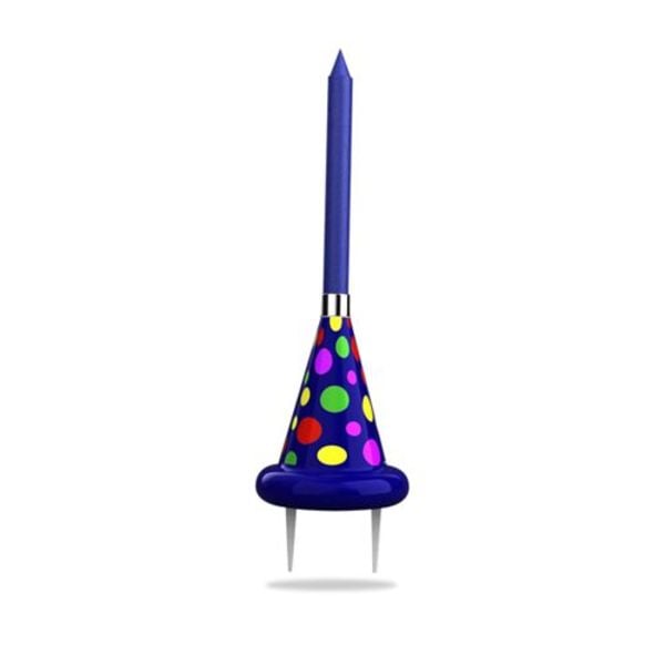 BLUE PARTY HAT CAKE TOPPER WITH LARGE COLORED FLAME CANDLE