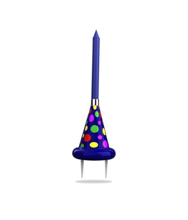 Rainbow Moments BLUE PARTY HAT CAKE TOPPER WITH LARGE COLORED FLAME CANDLE