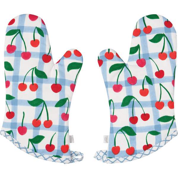 Danica Set of 2 Blue and White Striped Cherry Pattern Oven Mitts