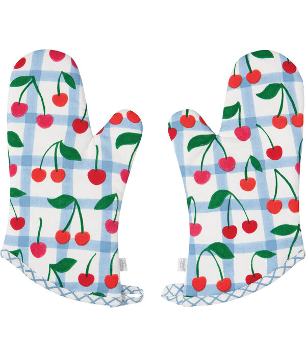 Ensemble de 2 gants de cuisine à rayures Bleu et Blanc avec motif Cerises - Danica
