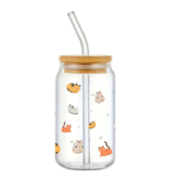 Cat Pattern Glass with Lid and Straw 350 ml