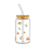 Cat Pattern Glass with Lid and Straw 350 ml