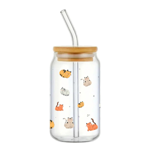 Cat Pattern Glass with Lid and Straw 350 ml