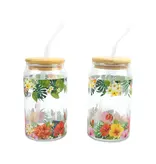 Ensemble de 2 verres à motif fleurs tropicales avec couvercle et paille 350ml