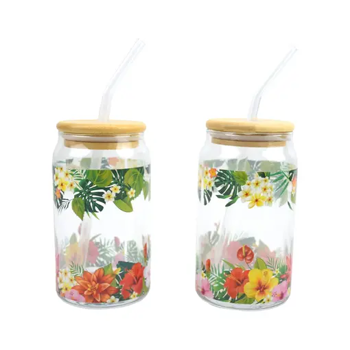 Set of 2 Glasses with Tropical Flower Pattern, Lid and Straw 350 ml