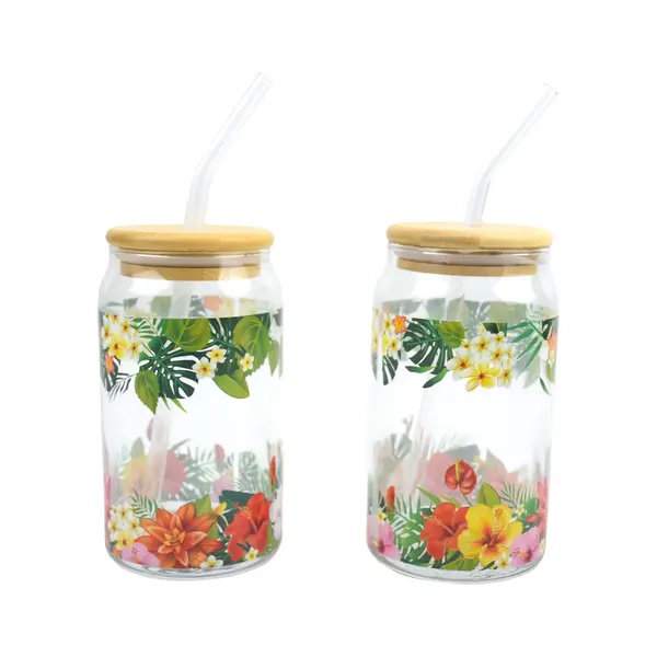 Ensemble de 2 verres à motif fleurs tropicales avec couvercle et paille 350ml