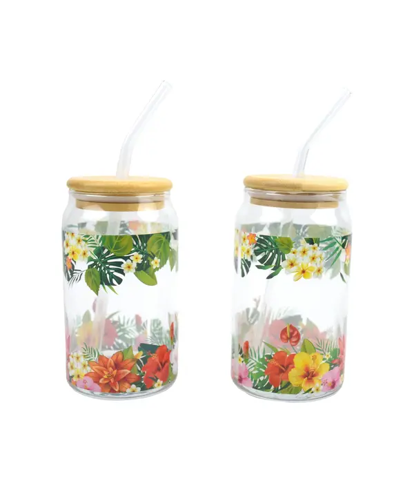 Ensemble de 2 verres à motif fleurs tropicales avec couvercle et paille 350ml