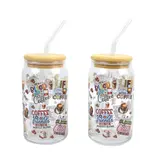 Set of 2 Coffee-Themed Glasses with Lid and Straw 350 ml