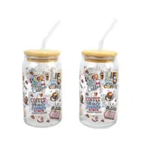 Set of 2 Coffee-Themed Glasses with Lid and Straw 350 ml