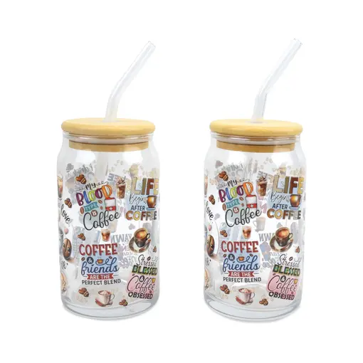 Ensemble de 2 verres à thème café avec couvercle et paille 350ml