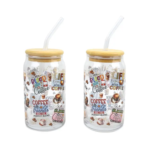 Ensemble de 2 verres à thème café avec couvercle et paille 350ml