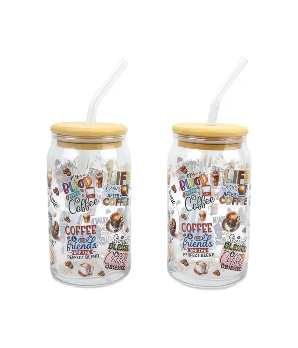 Set of 2 Coffee-Themed Glasses with Lid and Straw 350 ml