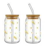 Ensemble de 2 verres à motif d'abeilles avec couvercle et paille 350ml