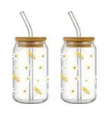 Set of 2 Bee Pattern Glasses with Lid and Straw 350 ml