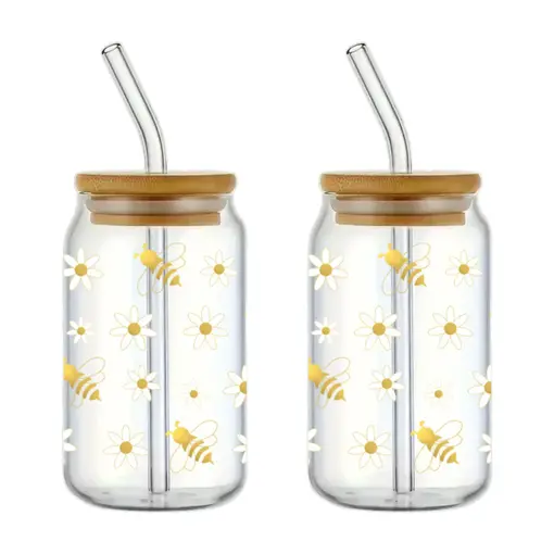 Ensemble de 2 verres à motif d'abeilles avec couvercle et paille 350ml