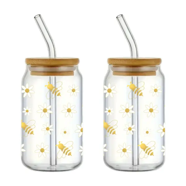 Set of 2 Bee Pattern Glasses with Lid and Straw 350 ml