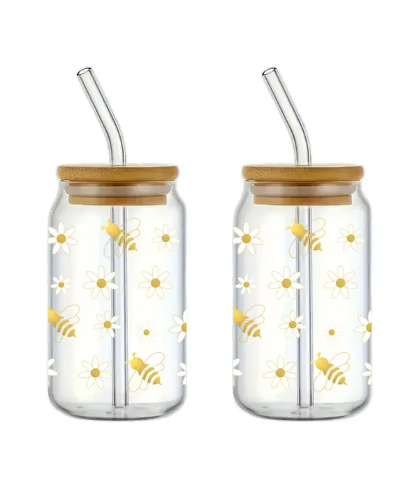 Set of 2 Bee Pattern Glasses with Lid and Straw 350 ml