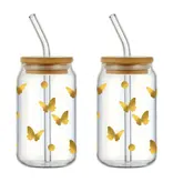 Set of 2 Butterfly Pattern Glasses with Lid and Straw 350 ml