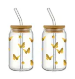 Ensemble de 2 verres à motif de papillons avec couvercle et paille 350ml