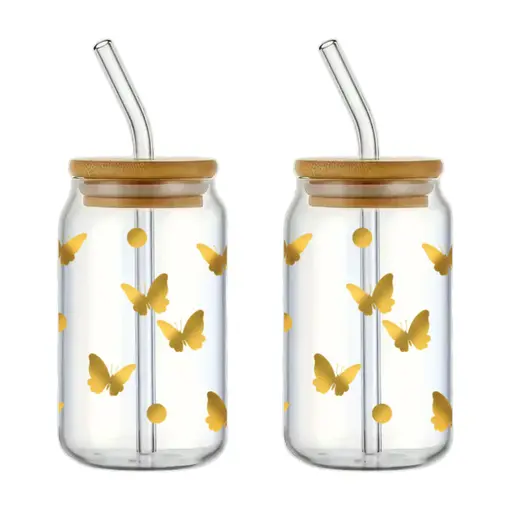 Set of 2 Butterfly Pattern Glasses with Lid and Straw 350 ml