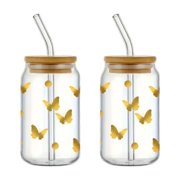 Ensemble de 2 verres à motif de papillons avec couvercle et paille 350ml