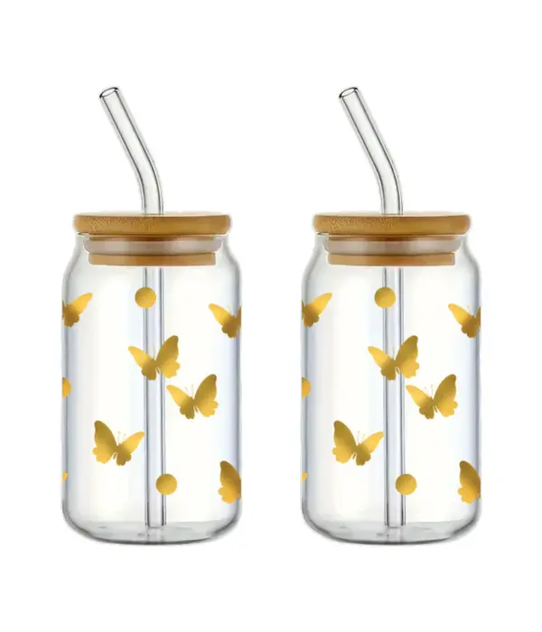 Ensemble de 2 verres à motif de papillons avec couvercle et paille 350ml