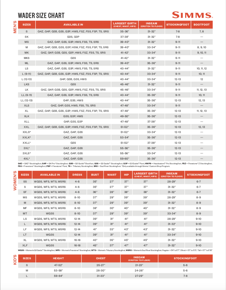 Simms G4 Wader Size Chart