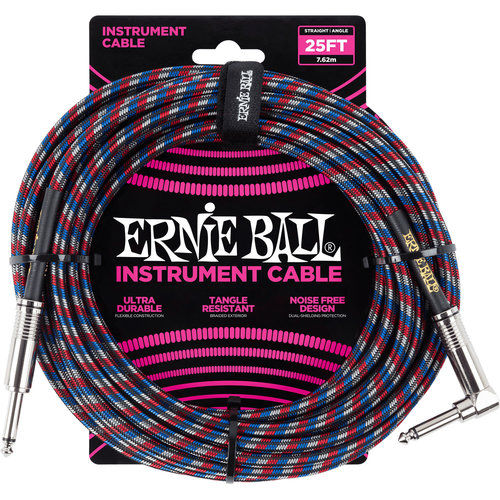 Ernie Ball Ernie Ball - Instrument Cable - 25ft - Straight/Angle - Braided Black/Red/Blue/White Ernie Ball Ernie Ball - Instrument Cable - 25ft - Straight/Angle - Braided Black/Red/Blue/White