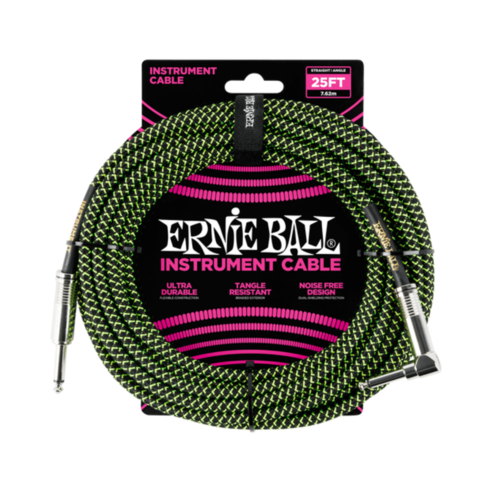 Ernie Ball Ernie Ball - Instrument Cable - 25ft - ST/RA - Braided Black Green Ernie Ball Ernie Ball - Instrument Cable - 25ft - ST/RA - Braided Black Green