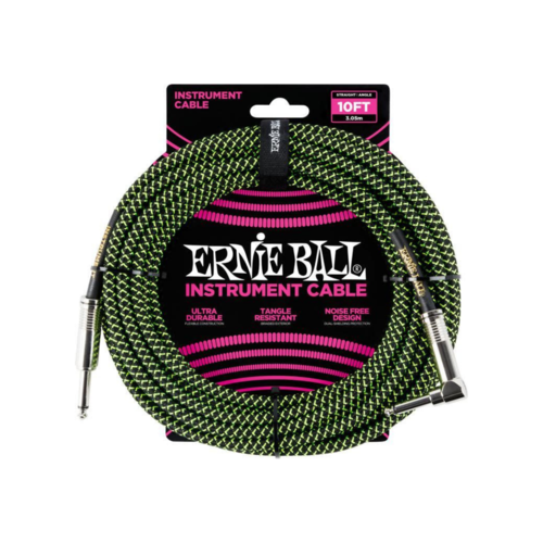 Ernie Ball Ernie Ball - Instrument Cable - 10ft - ST/RA - Braided Black Green Ernie Ball Ernie Ball - Instrument Cable - 10ft - ST/RA - Braided Black Green