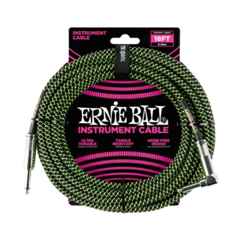 Ernie Ball Ernie Ball - Instrument Cable - 18ft - ST/RA - Braided Black Green Ernie Ball Ernie Ball - Instrument Cable - 18ft - ST/RA - Braided Black Green