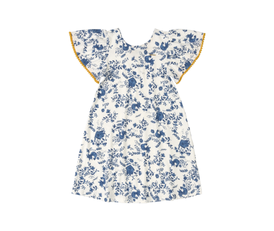 Up Baby SS21 Robe Fleurs Bleues avec Manches Courtes Ornées de Pompons Mourtarde de UpBaby - Floral Dress by UpBaby