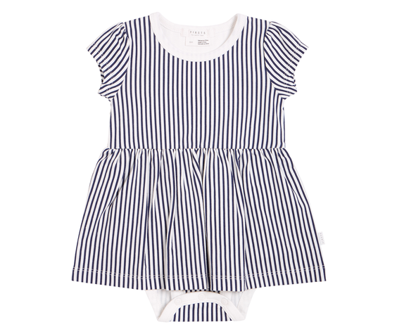 Petit Lem SS21 Robe avec Body Intégré Rayée Marine et Plissée à la Taille de Firsts Petit Lem